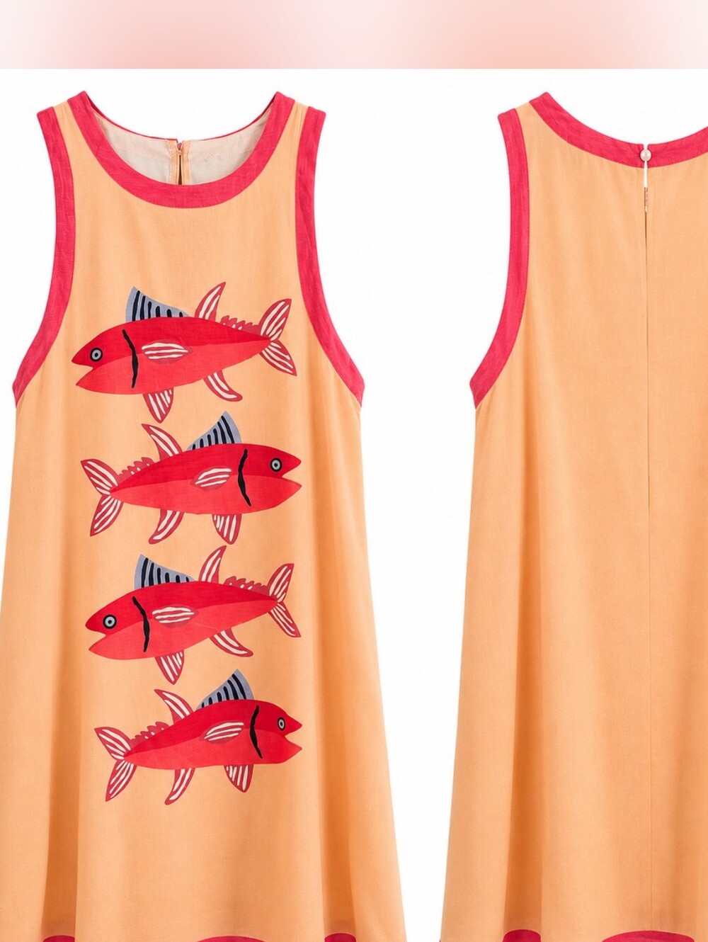 Fun Coral/Peach With Bright Pink Trim Dress with Colorful Fish Print